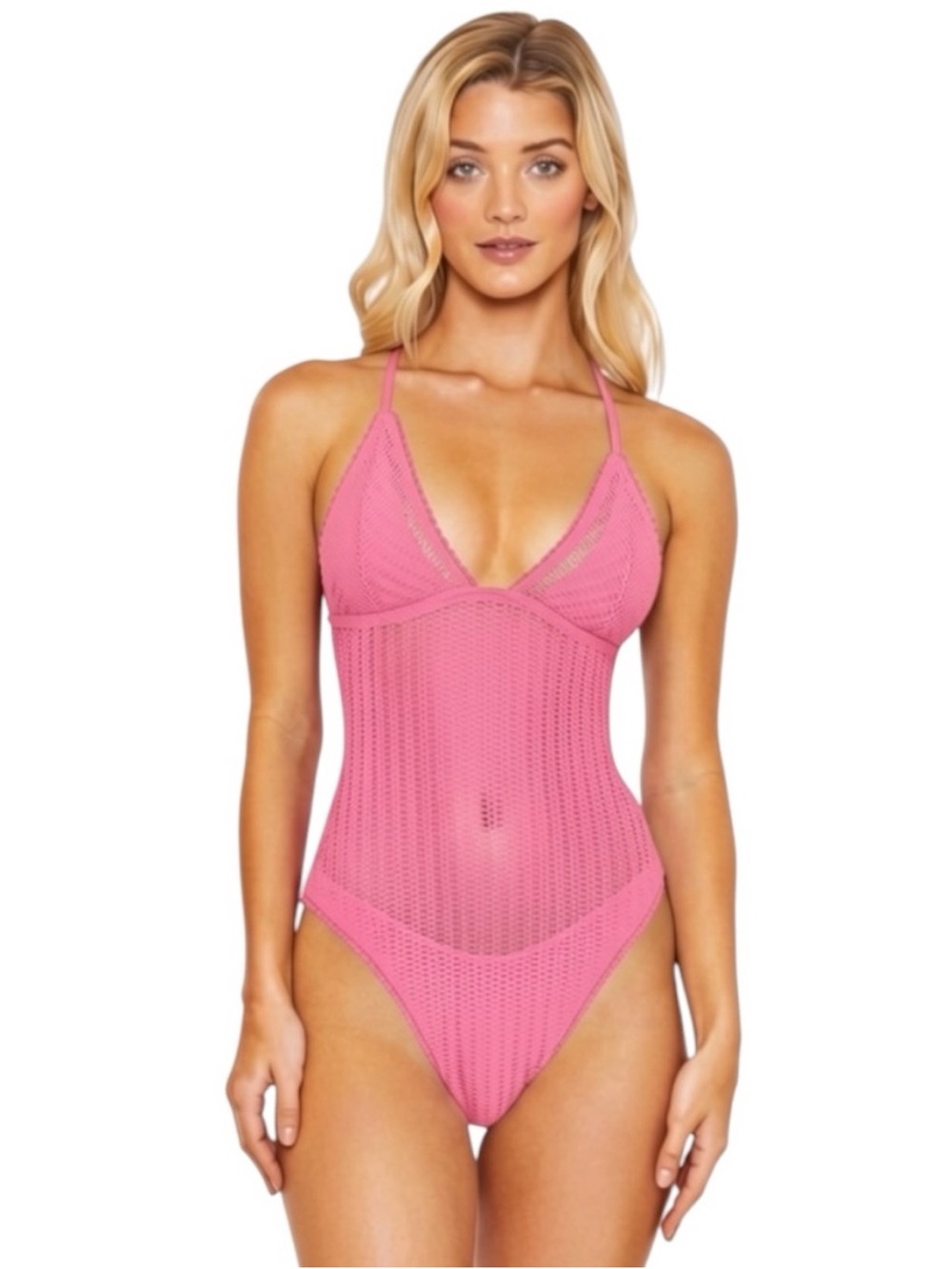 🌹NWT Isabella Rose Pink Crochet One-Piece Swimsuit with V-Neck